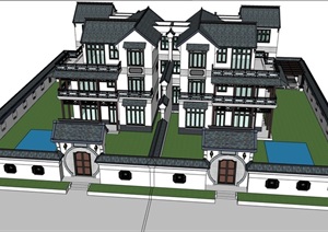中式独特详细的住宅小区别墅SU(草图大师)模型