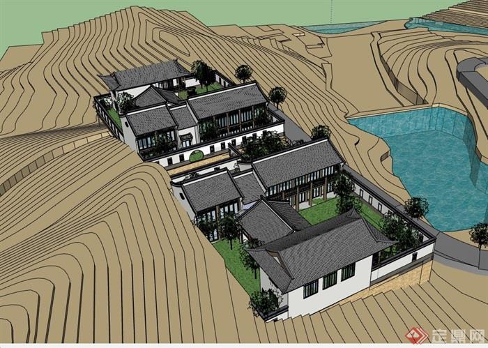 中式山地度假详细别墅住宅设计su模型