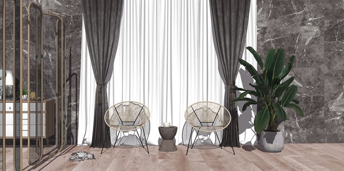 现代风格休闲椅边几窗帘盆栽隔断屏风SU模型(1)