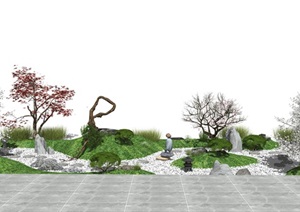 日式枯山水禅意庭院景观 景观小品 枯枝SU(草图大师)模型