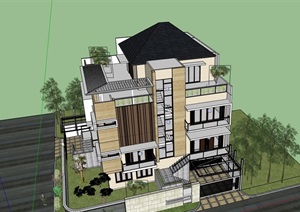中式风格详细的精致居住别墅多层设计SU(草图大师)模型