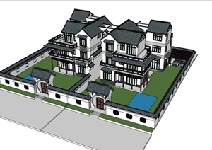 中式小区住宅整体别墅素材SU(草图大师)模型