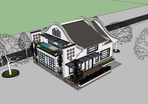 中式单层住宅整体别墅素材SU(草图大师)模型