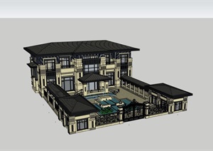 欧式两层合院住宅整体别墅素材SU(草图大师)模型