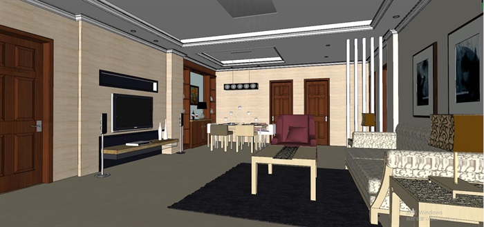 欧式风格住宅室内客餐厅空间设计su模型