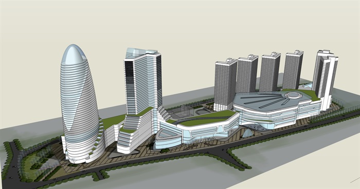 现代风格商住综合地块建筑概念方案SU模型(1)