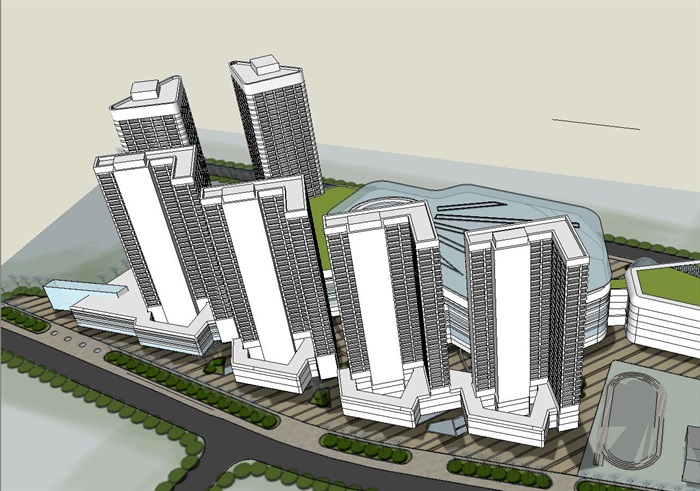 现代风格商住综合地块建筑概念方案SU模型(3)
