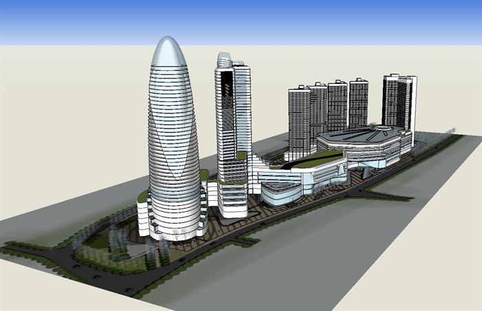 现代风格商住综合地块建筑概念方案SU模型(6)
