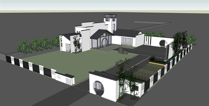 新中式风格书院建筑设计方案SU模型(1)