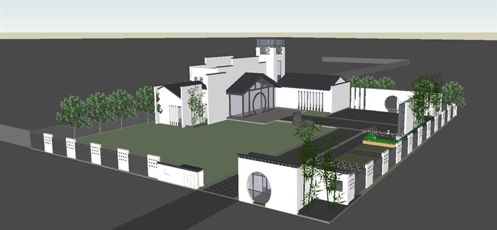 新中式风格书院建筑设计方案SU模型(6)