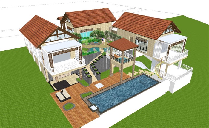东南亚风格别墅建筑与景观方案SU模型(4)