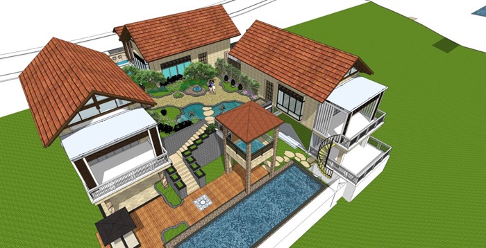 东南亚风格别墅建筑与景观方案SU模型(6)