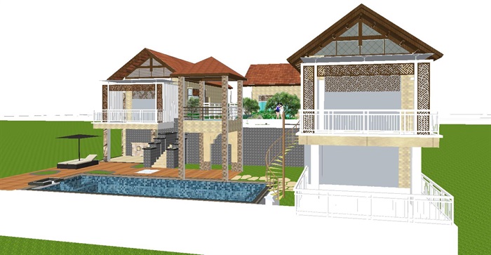 东南亚风格别墅建筑与景观方案SU模型(7)