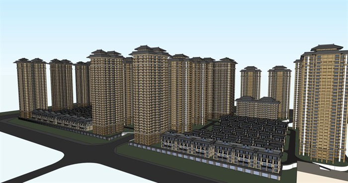新汉风高层+别墅整体建筑方案SU模型(6)
