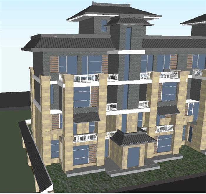 新汉风高层+别墅整体建筑方案SU模型(9)