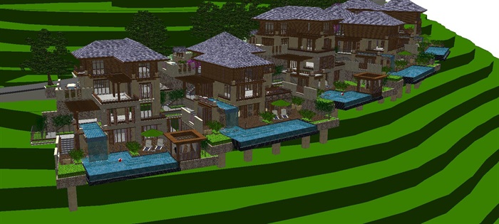 东南亚风格半山度假别墅建筑方案SU模型(1)