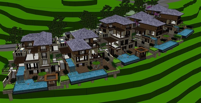 东南亚风格半山度假别墅建筑方案SU模型(5)