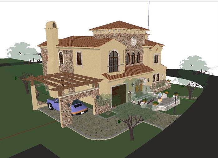 3个西班牙风格泉水湾独栋别墅建筑方案SU模型(7)