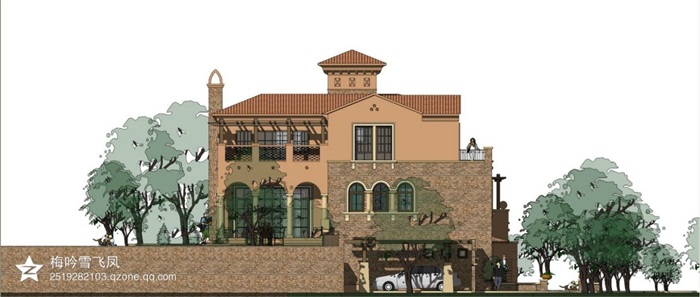 3个西班牙风格泉水湾独栋别墅建筑方案SU模型(8)