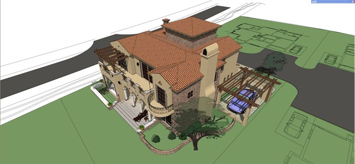 3个西班牙风格泉水湾独栋别墅建筑方案SU模型(11)