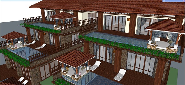 3个东南亚风格别墅户型建筑方案SU模型(1)