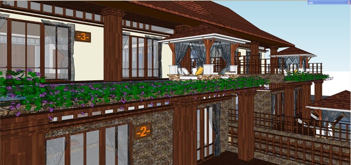 3个东南亚风格别墅户型建筑方案SU模型(2)