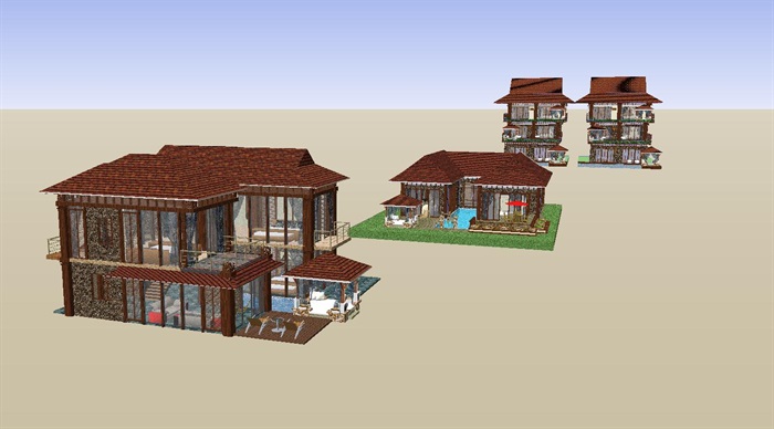 3个东南亚风格别墅户型建筑方案SU模型(7)