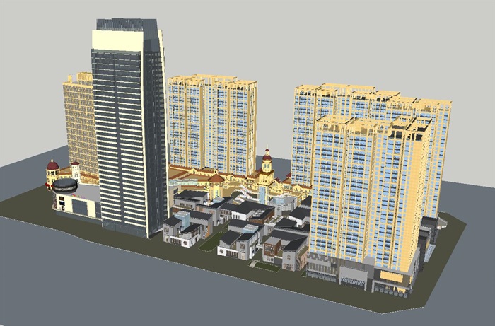 西班牙+中式风格南洋广场综合体建筑方案SU模型(1)