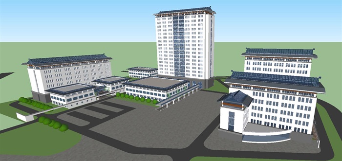 现代中式中医院建筑设计方案SU模型(1)