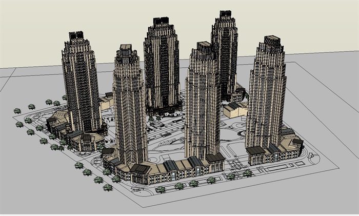 新古典风格高层小区+沿街商业建筑设计方案SU模型(1)