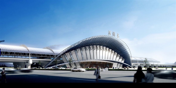 2个苏州火车北站建筑设计方案SU模型（附CAD平，立与剖面）(3)