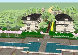 新亚洲风格联排别墅建筑设计方案SU(草图大师)模型