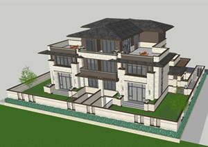 新亚洲风格双拼别墅建筑设计方案SU(草图大师)模型