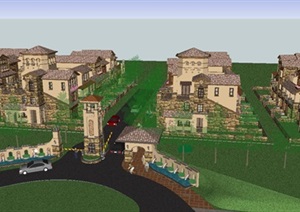 西安巴萨阳光小镇西班牙风格别墅群组建筑设计方案SU(草图大师)模型