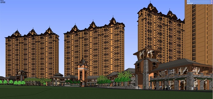 东南亚风格西双版纳酒店+高层住宅建筑设计方案SU模型(2)