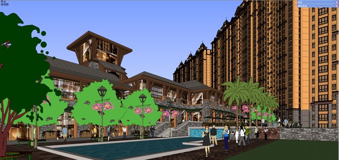东南亚风格西双版纳酒店+高层住宅建筑设计方案SU模型(4)