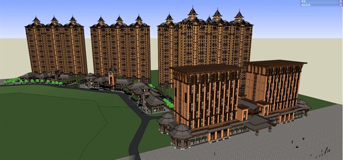 东南亚风格西双版纳酒店+高层住宅建筑设计方案SU模型(9)