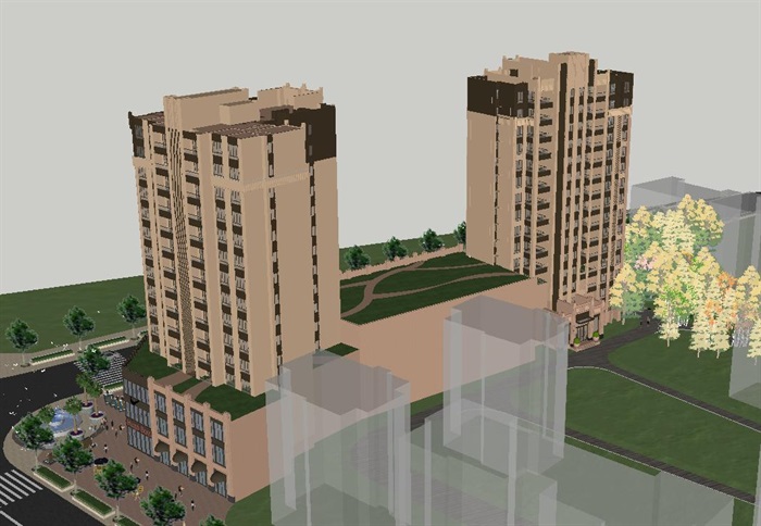 泰丰苑Art deco风格商业+高层住宅项目建筑设计方案SU模型(9)