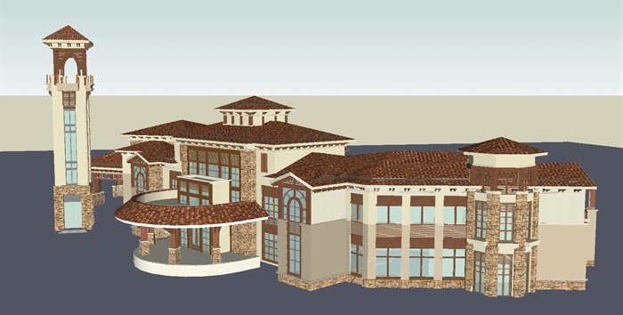 西班牙风格会所建筑设计方案SU模型(1)