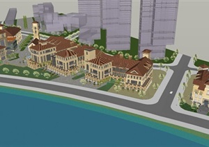 西班牙风格滨河商业广场建筑设计方案SU(草图大师)模型