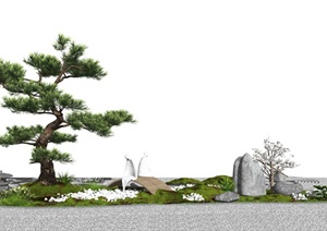 新中式景观小品 庭院景观 景观树 枯山石SU(草图大师)模型3
