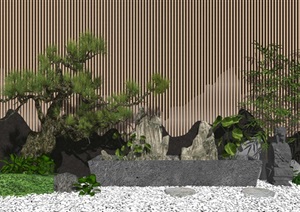 新中式庭院景观小品 景观树 石头SU(草图大师)模型1