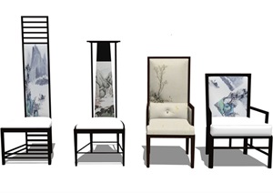 新中式椅子 高背椅 餐桌椅SU(草图大师)模型