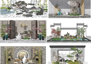 新中式景观小品庭院景观背景墙石头组合SU(草图大师)模型1