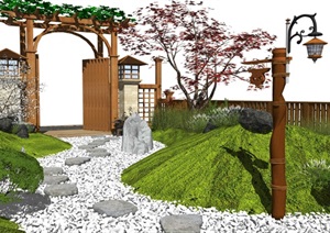 新中式禅意庭院景观 景观小品 门头 石头 景观灯SU(草图大师)模型