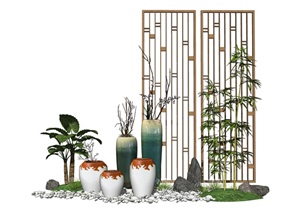 新中式景观小品屏风隔断景墙花瓶陶罐植物石头SU(草图大师)模型
