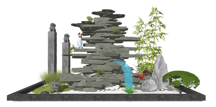 新中式假山石头 滨水景观 庭院景观 景观小品su模型(3)