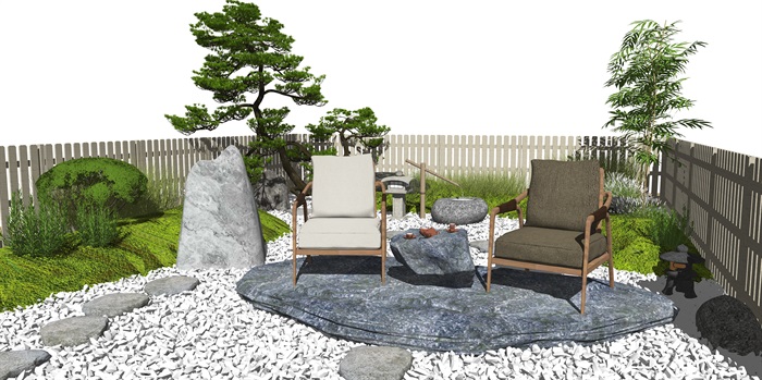 新中式禅意庭院景观 景观小品 枯山水 景观树 休闲椅 石头su模型(1)