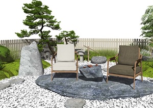 新中式禅意庭院景观 景观小品 枯山水 景观树 休闲椅 石头SU(草图大师)模型