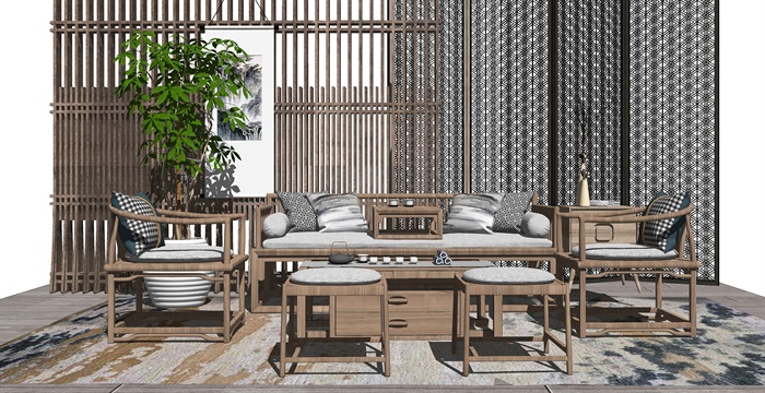 新中式沙发茶几组合屏风隔断盆栽抱枕SU模型(2)